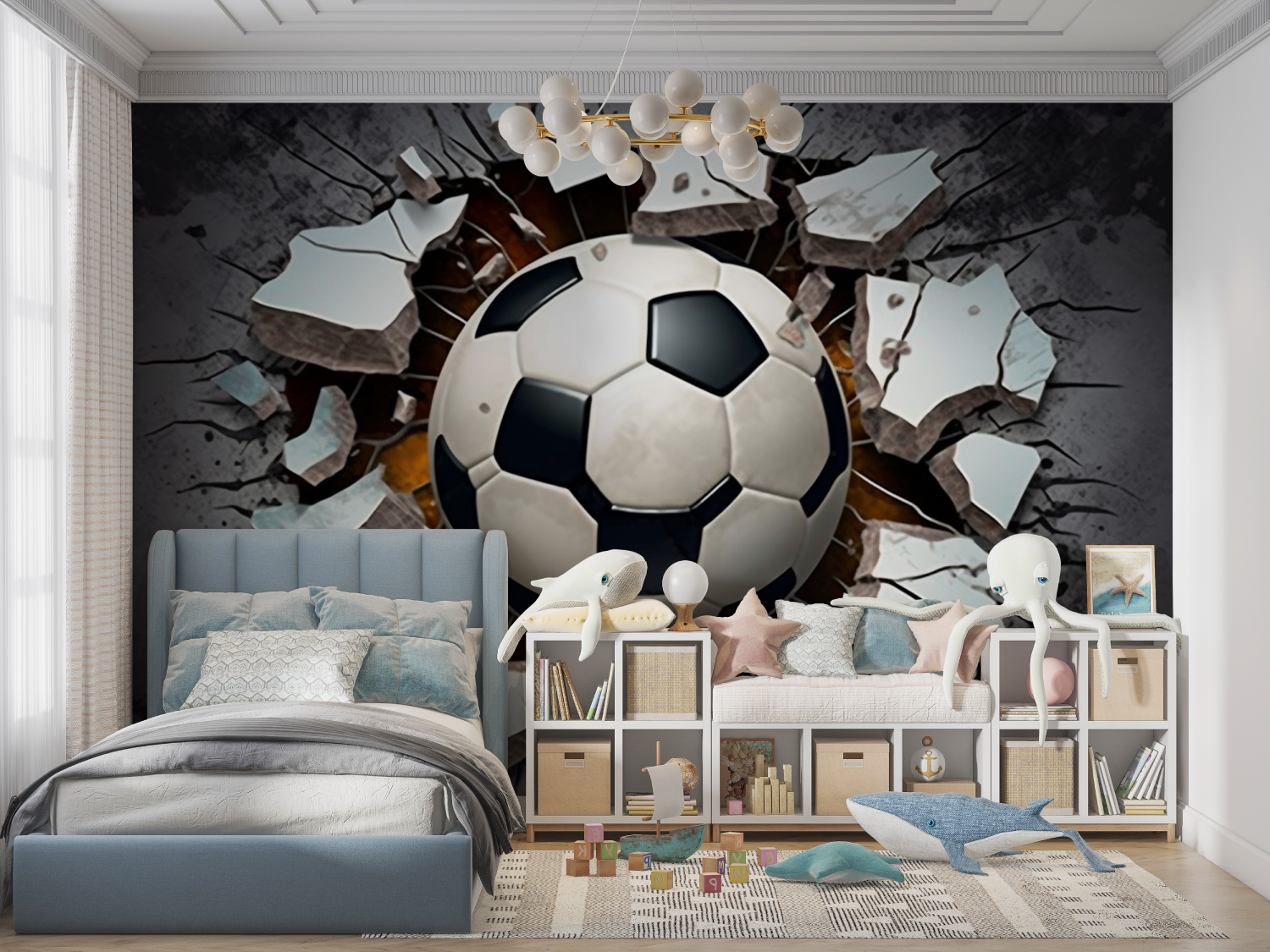 Papier peint 3d foot noir panoramique garcon