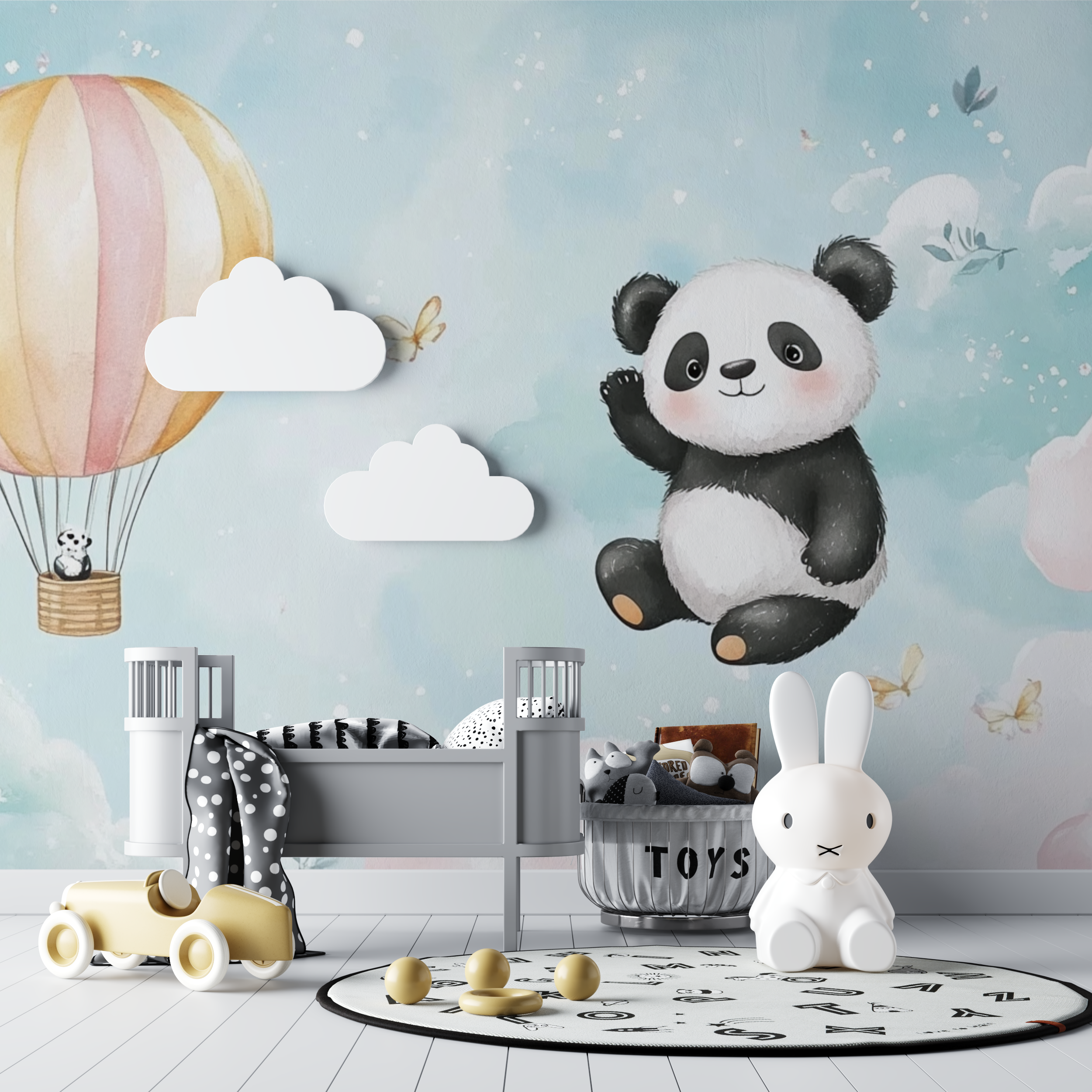 Papier peint panda et montgolfiere bebe tipi