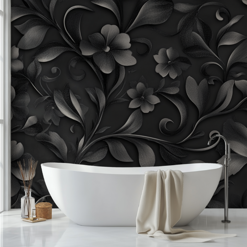Papier peint noir et fleur vintage sdb