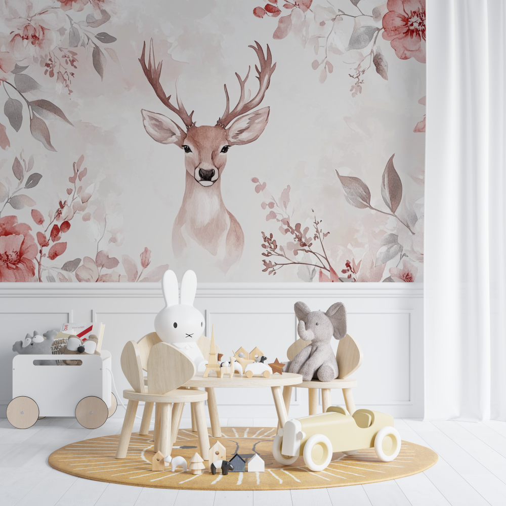Papier peint rose doux fleuri et cerf chambre de bebe
