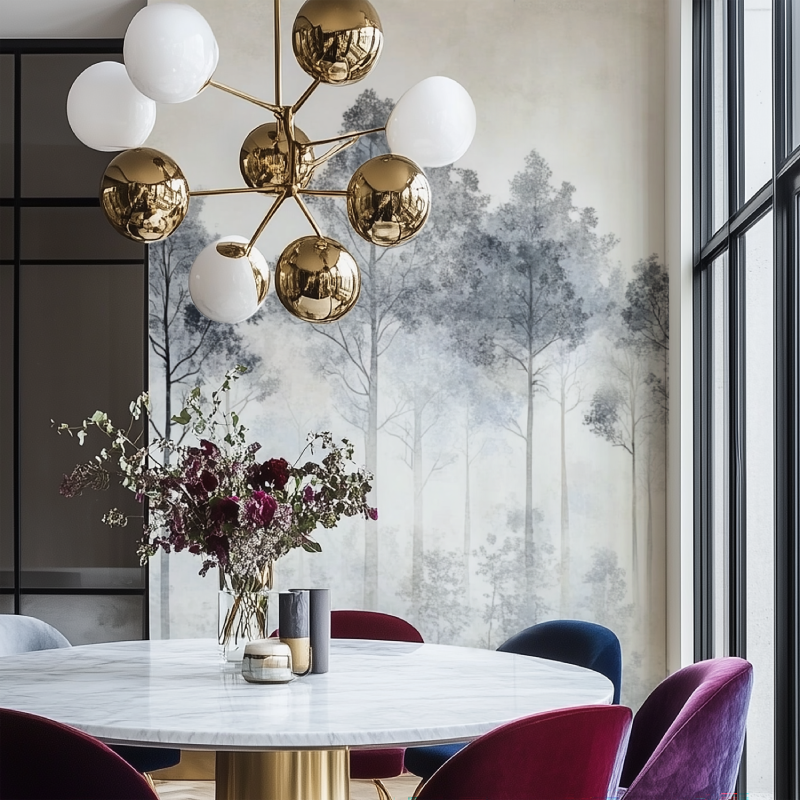 Papier peint arbre gris salon chaise