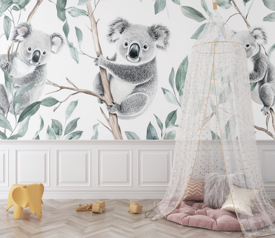 Papier peint koala suspendu a une branche bebe