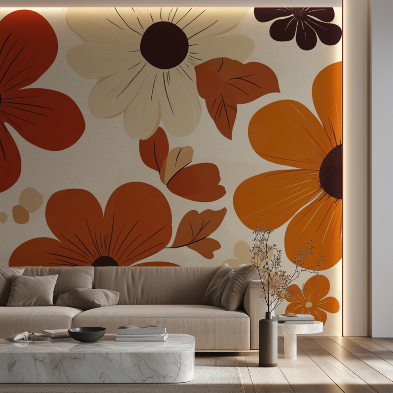 Papier peint vintage fleurs orange marron canape neon