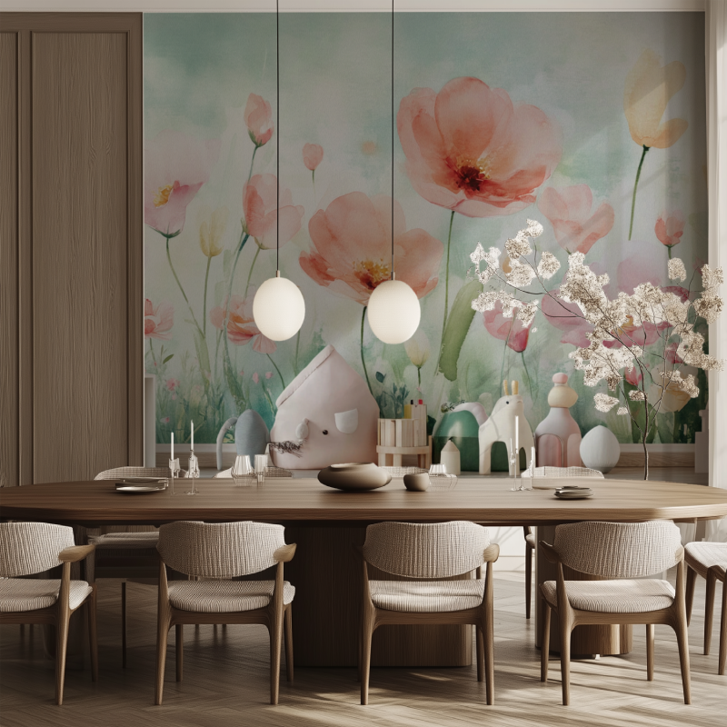 Papier peint fleurie vintage salle manger tendance