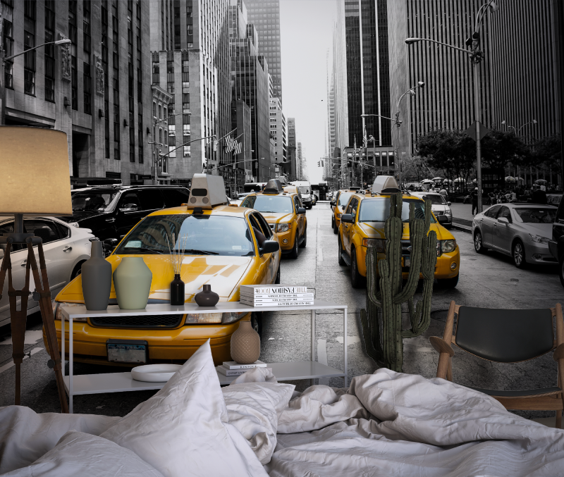 Papier peint new york voiture jaune chambre dado1