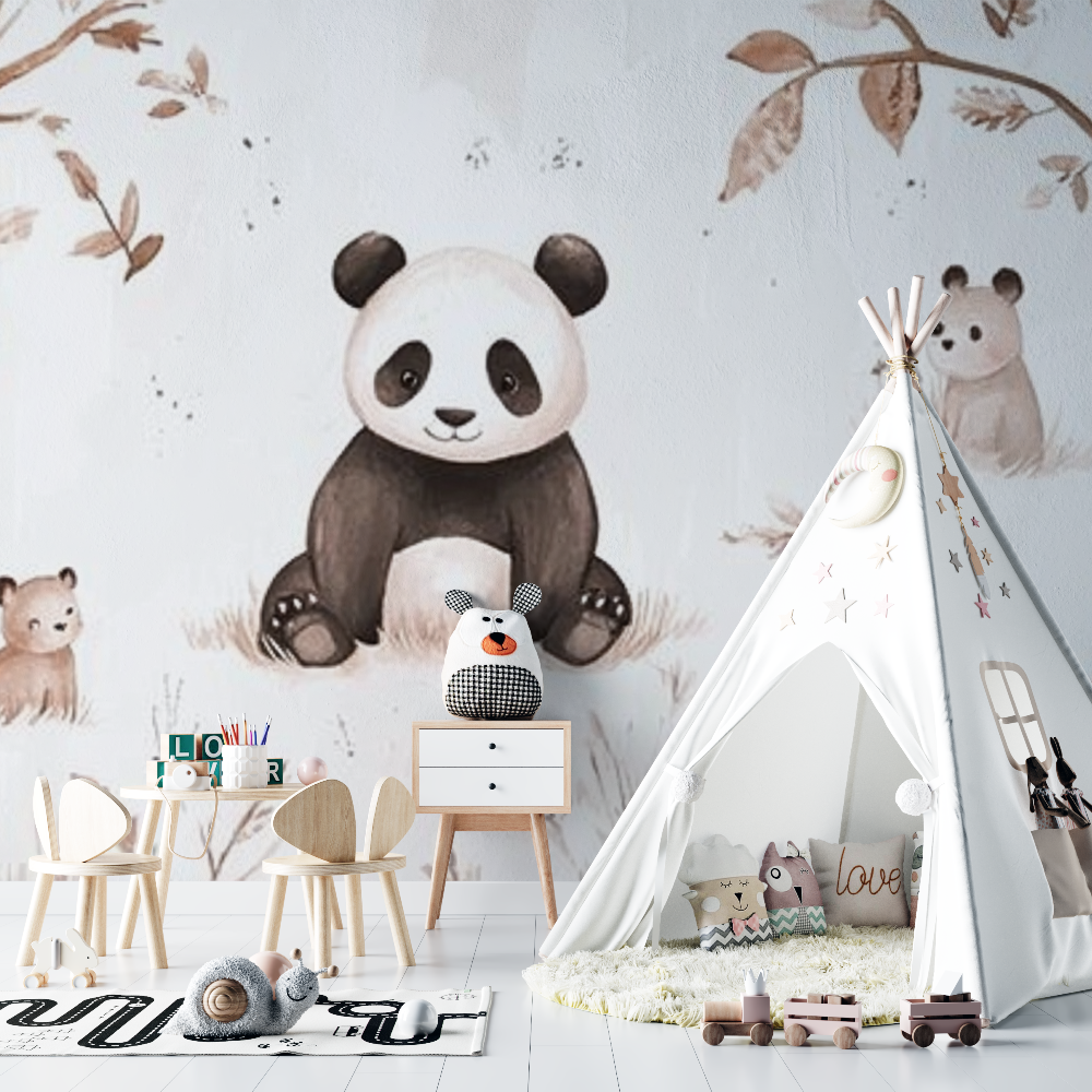 Papier peint panda et animaux de la foret chambre bebe