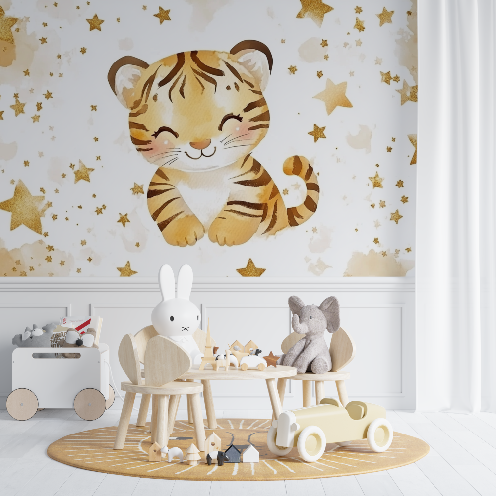 Papier peint tigre et etoiles dorees chambre de bebe