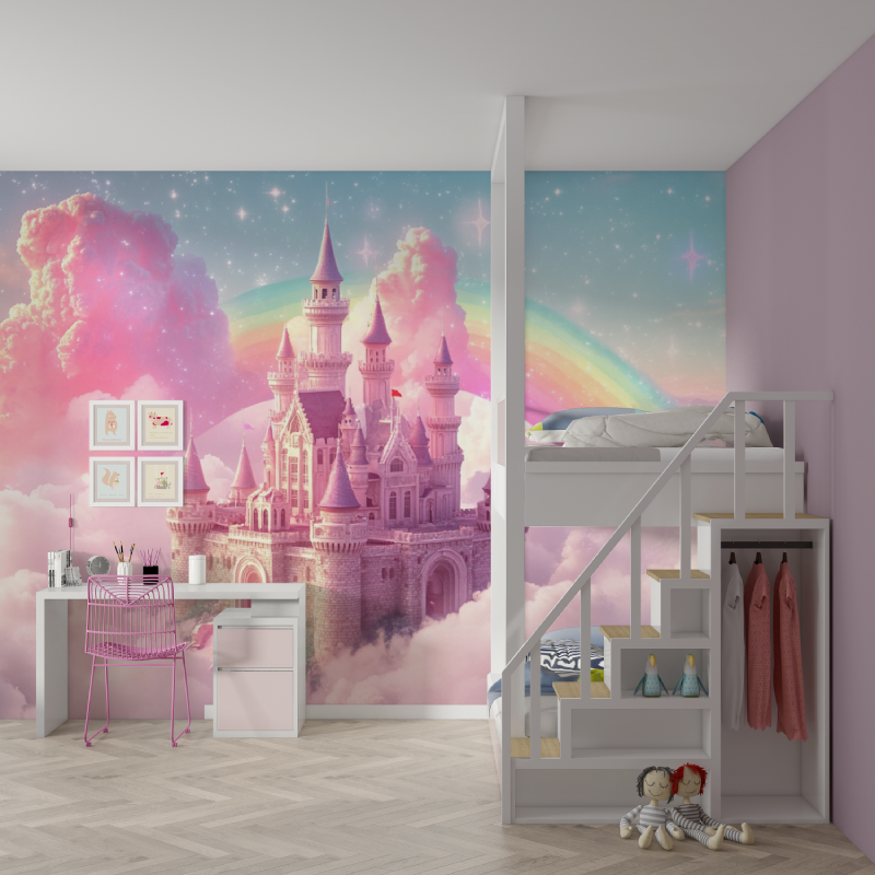 Papier peint princesse chateau ...s nuages mur chambre fille