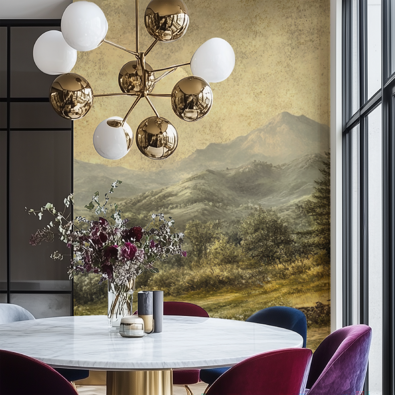 Papier peint vintage panoramique salon chaise