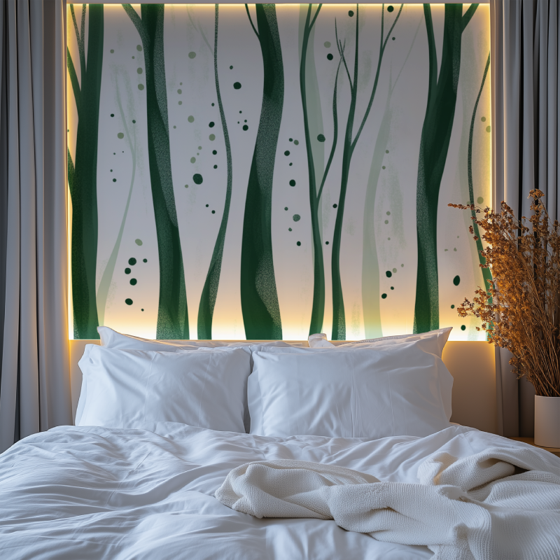 Papier peint arbre stylise vert et blanc chambre premium