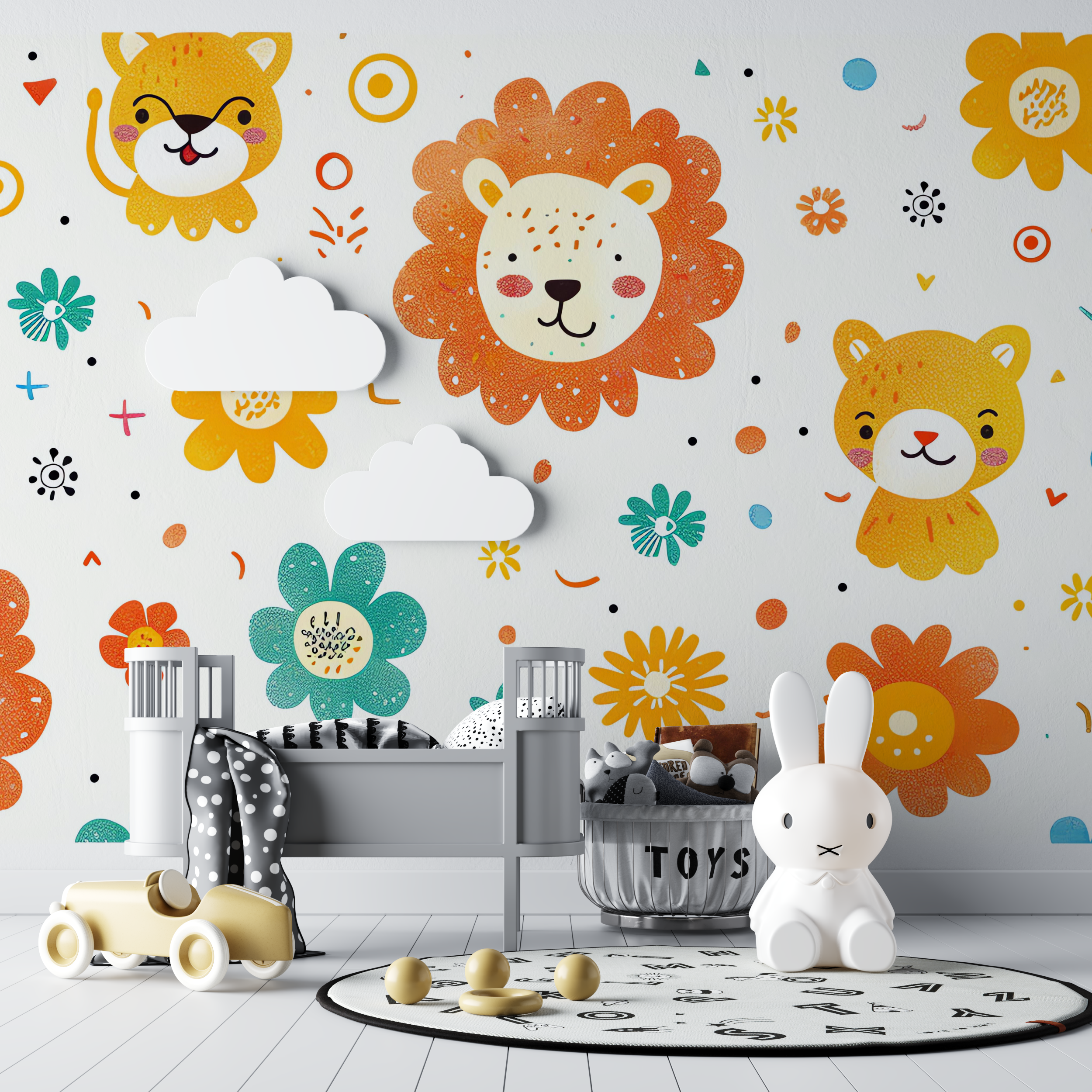 Papier peint lion et fleurs delicates bebe tipi