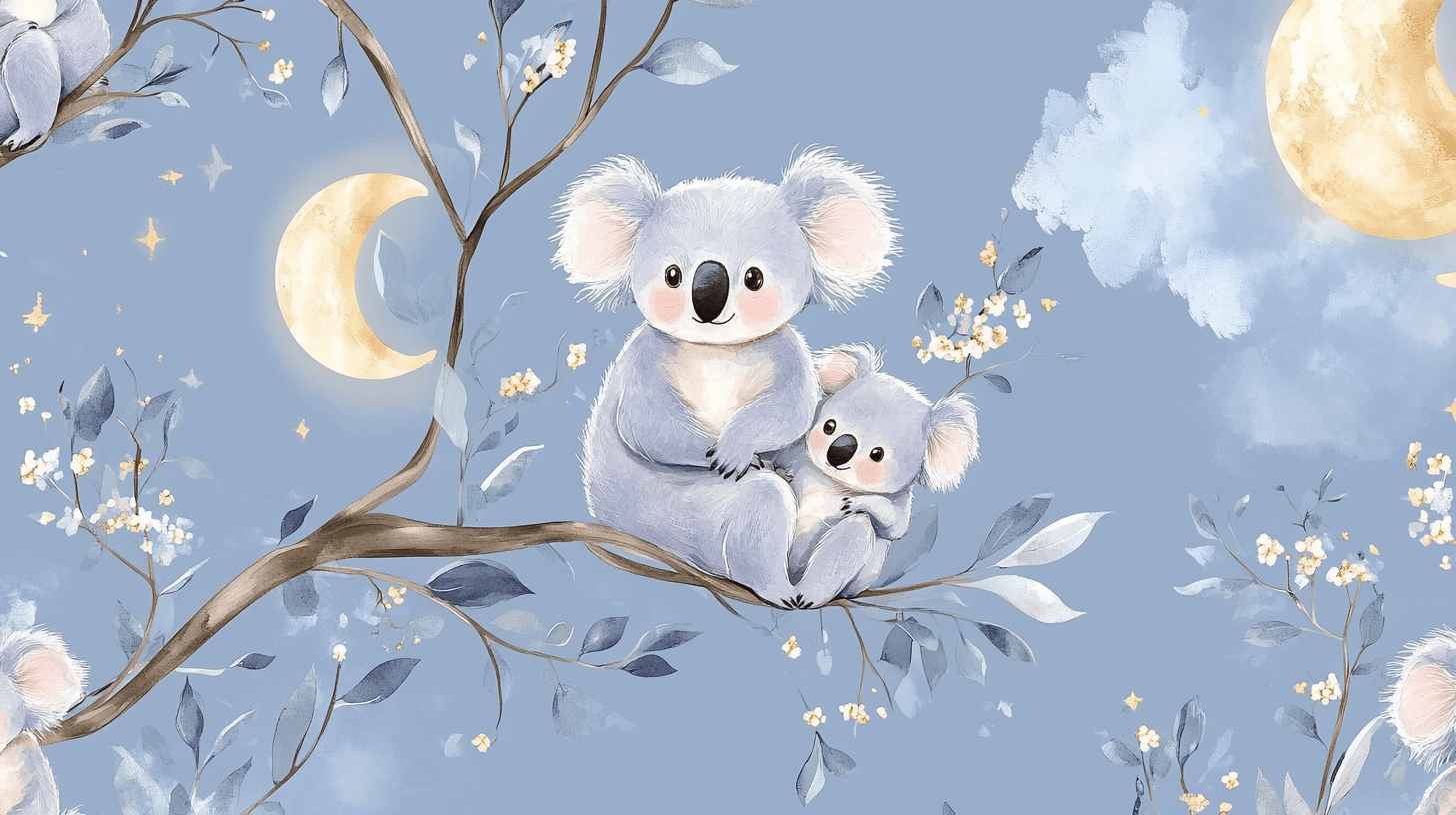 Papier Peint Koala Pastel Et Lune Dorée