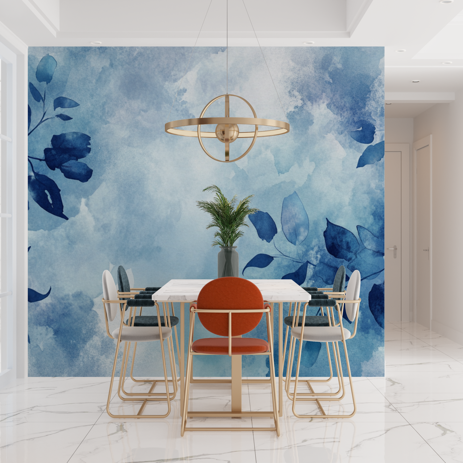 Papier peint aquarelle feuilles abstraites bleues tendances