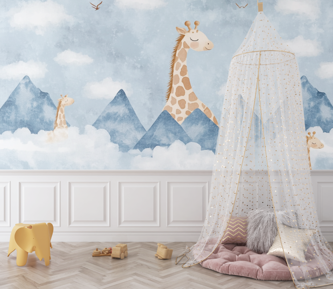 Papier peint giraffe montagnes bleu bebe