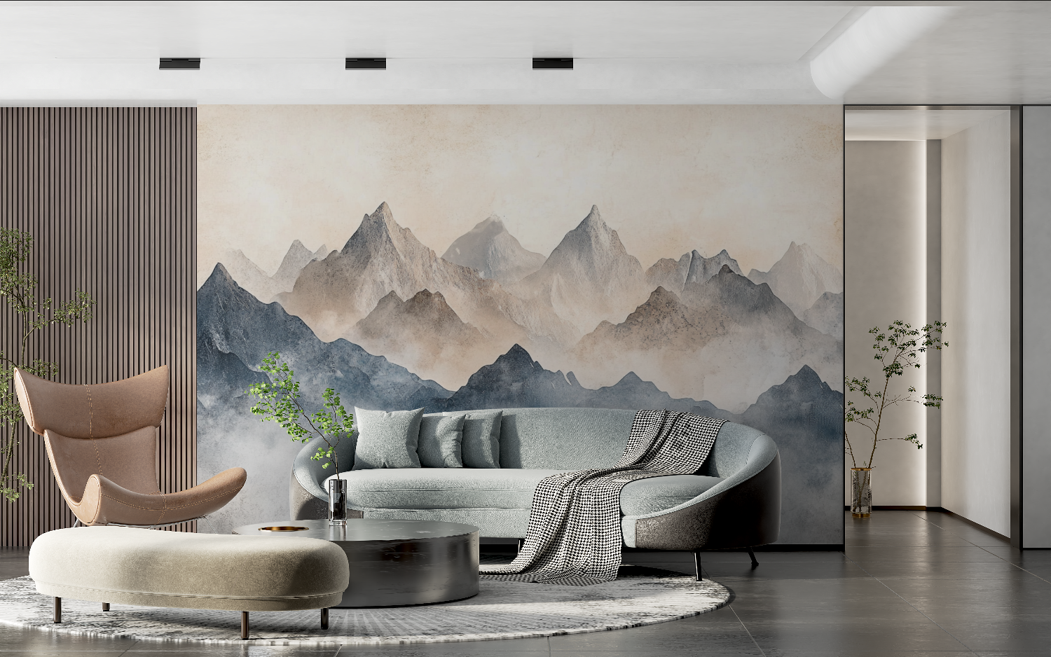 Papier peint aquarelle paysage montagne douce tendance 2024