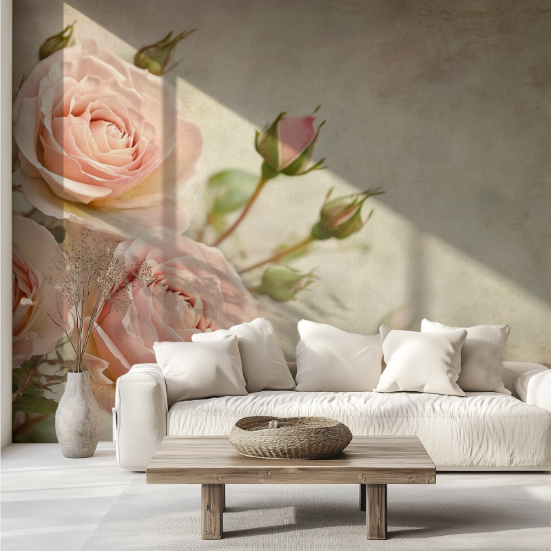 Papier peint vintage rose poudre canape tendance