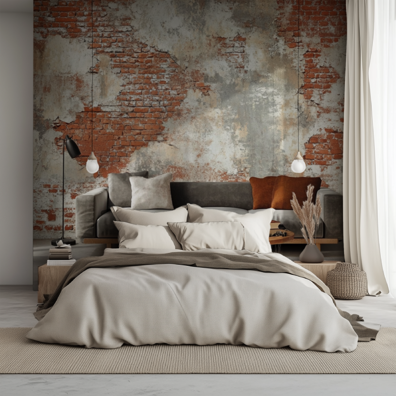 Papier peint trompe loeil brique lit 1234