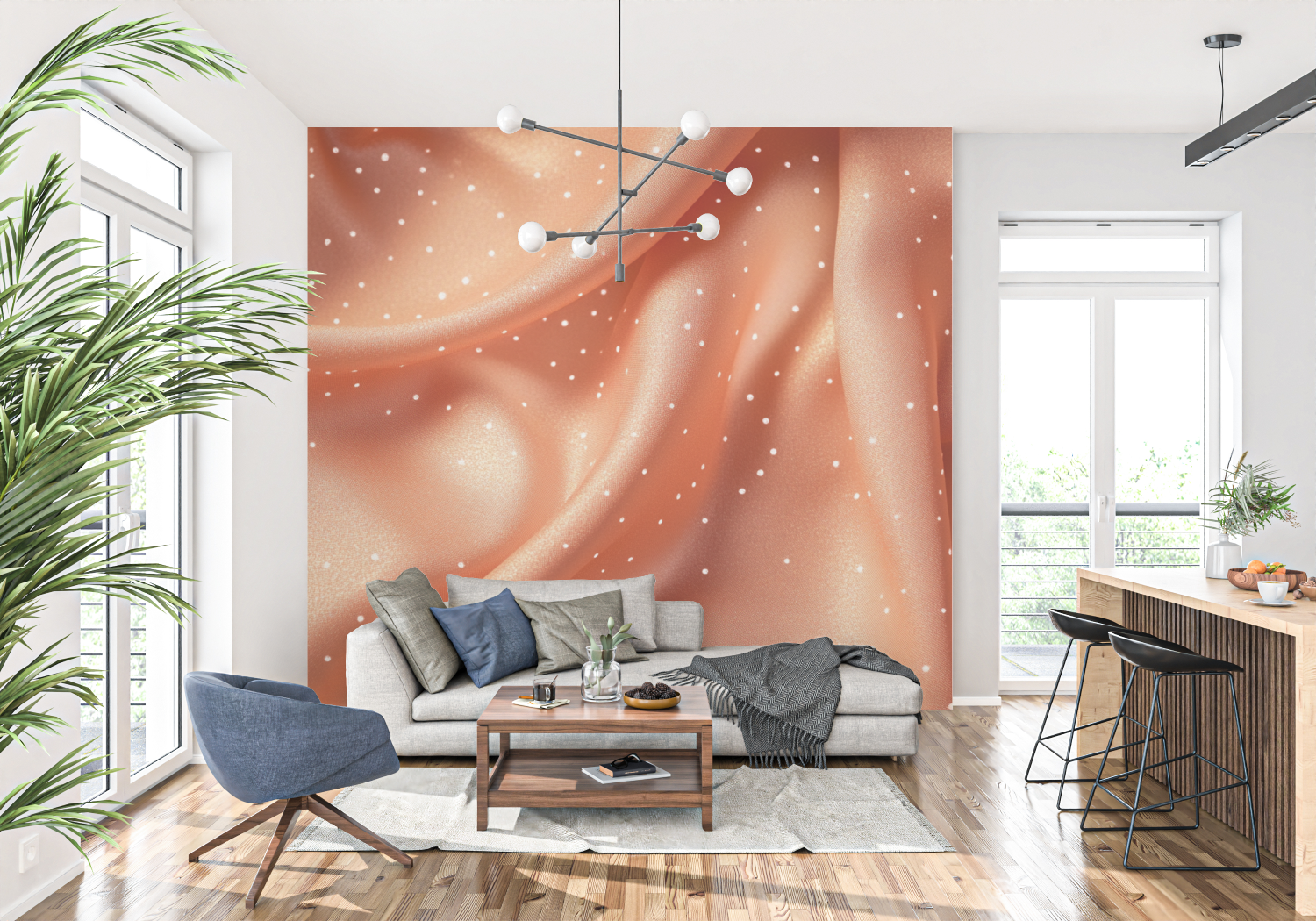 Papier peint terracotta avec petits pois dores tapisserie