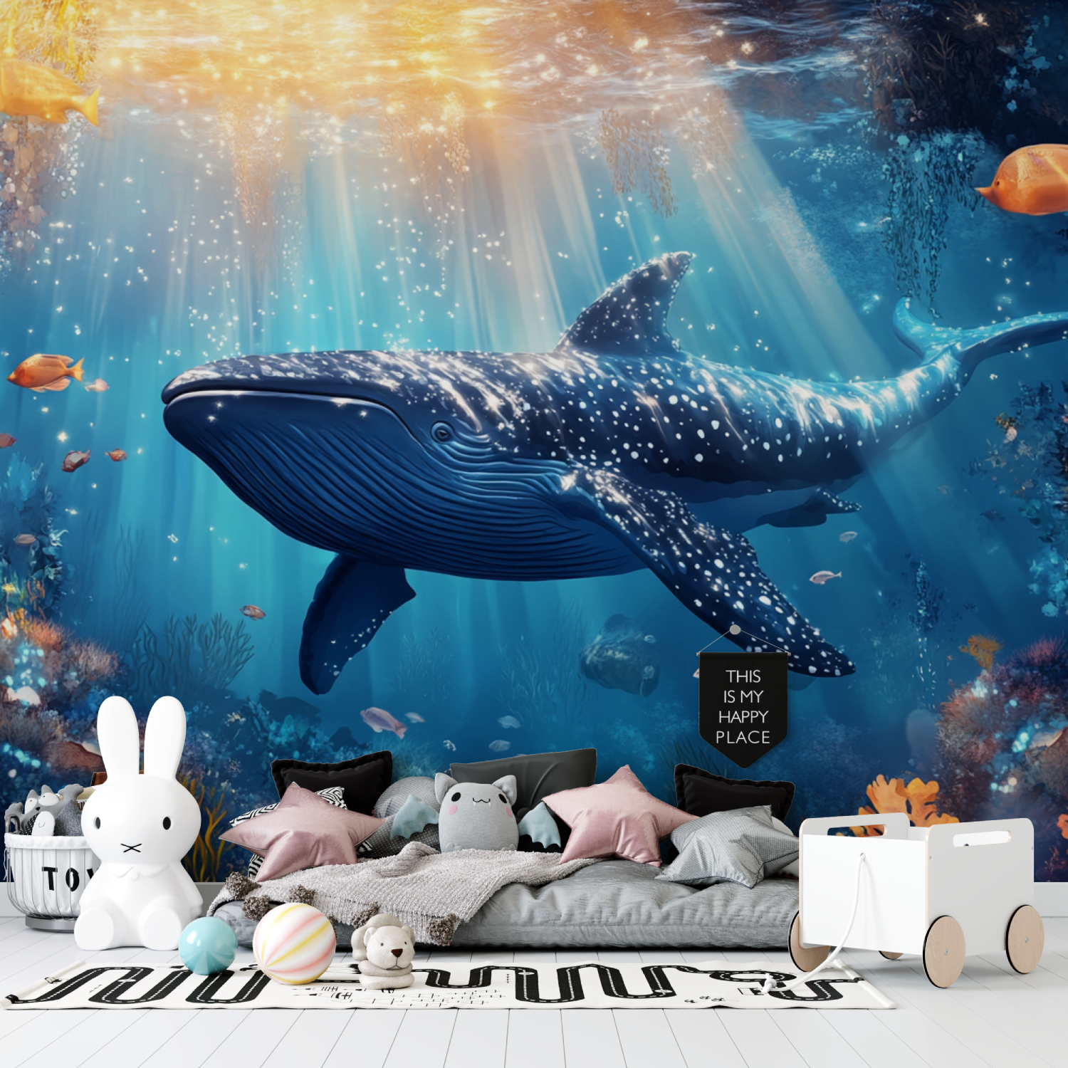 Papier peint marin decor baleine bleue tapisserie garcon