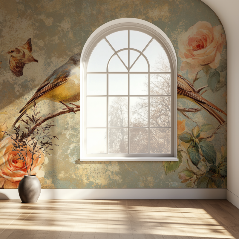 Papier peint vintage fleurs oiseaux fenetre papier