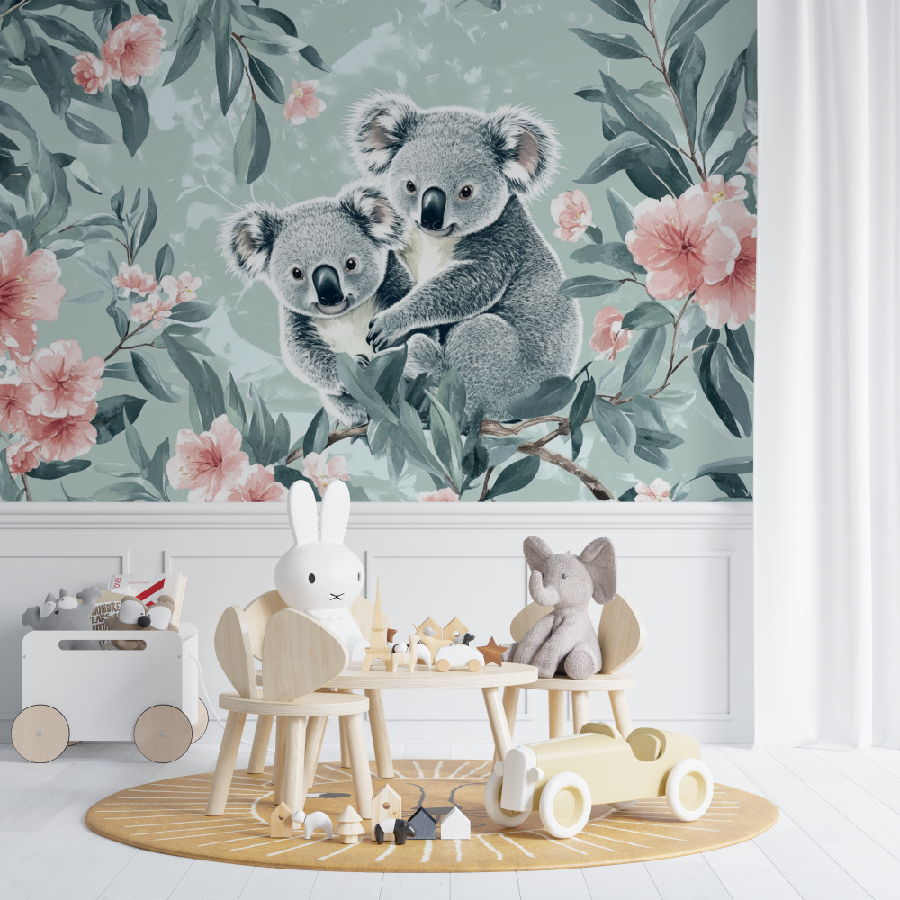 Papier peint koala et feuillage poudre chambre de bebe
