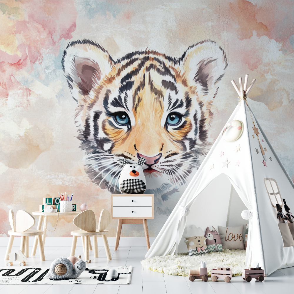 Papier peint tigre et couleurs pastel chambre bebe