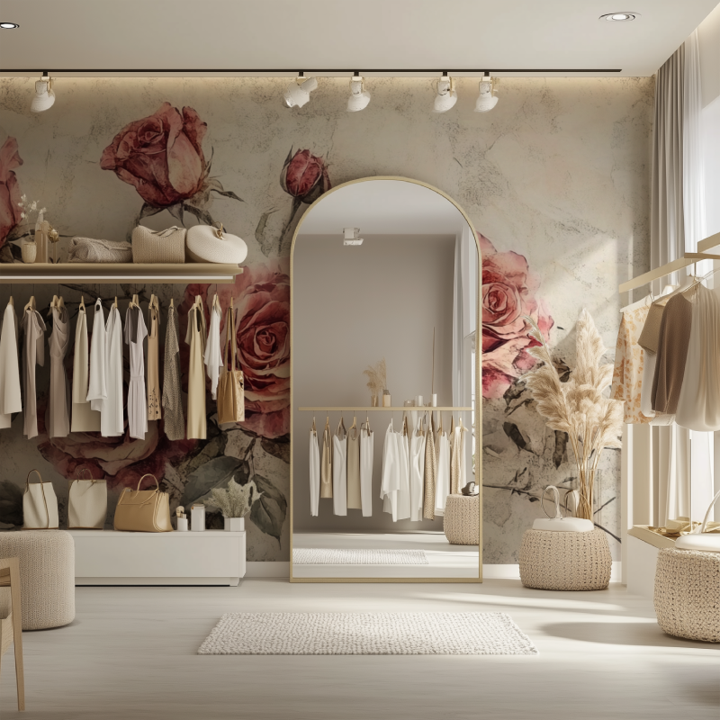 Papier peint fleur vintage rose dressing