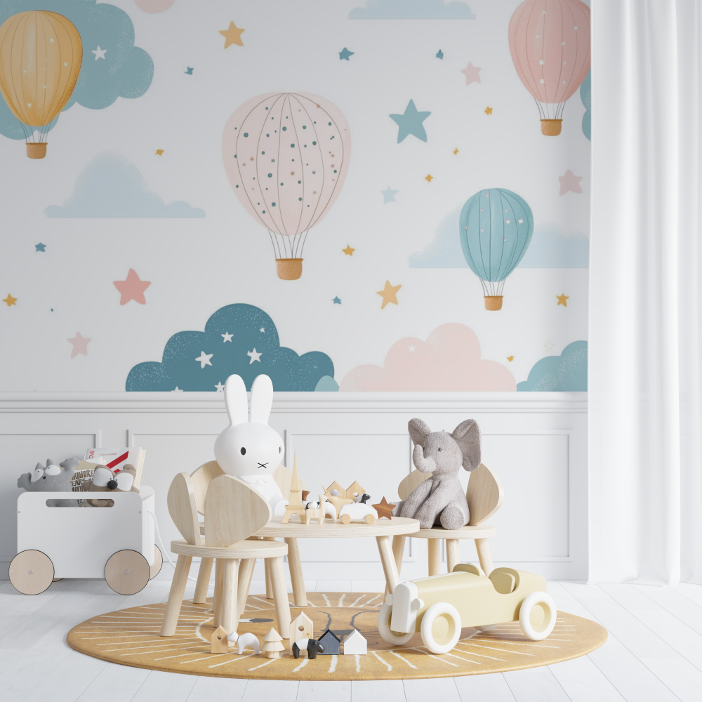 Papier peint montgolfiere et etoiles dorees chambre de bebe