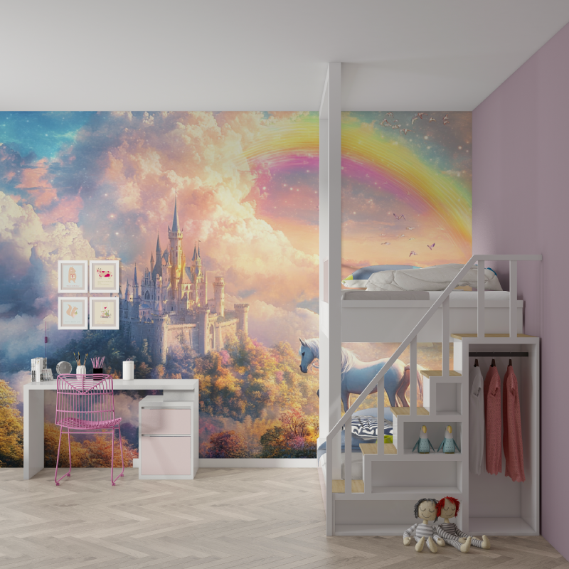 Papier peint princesse licorne ... en ciel mur chambre fille