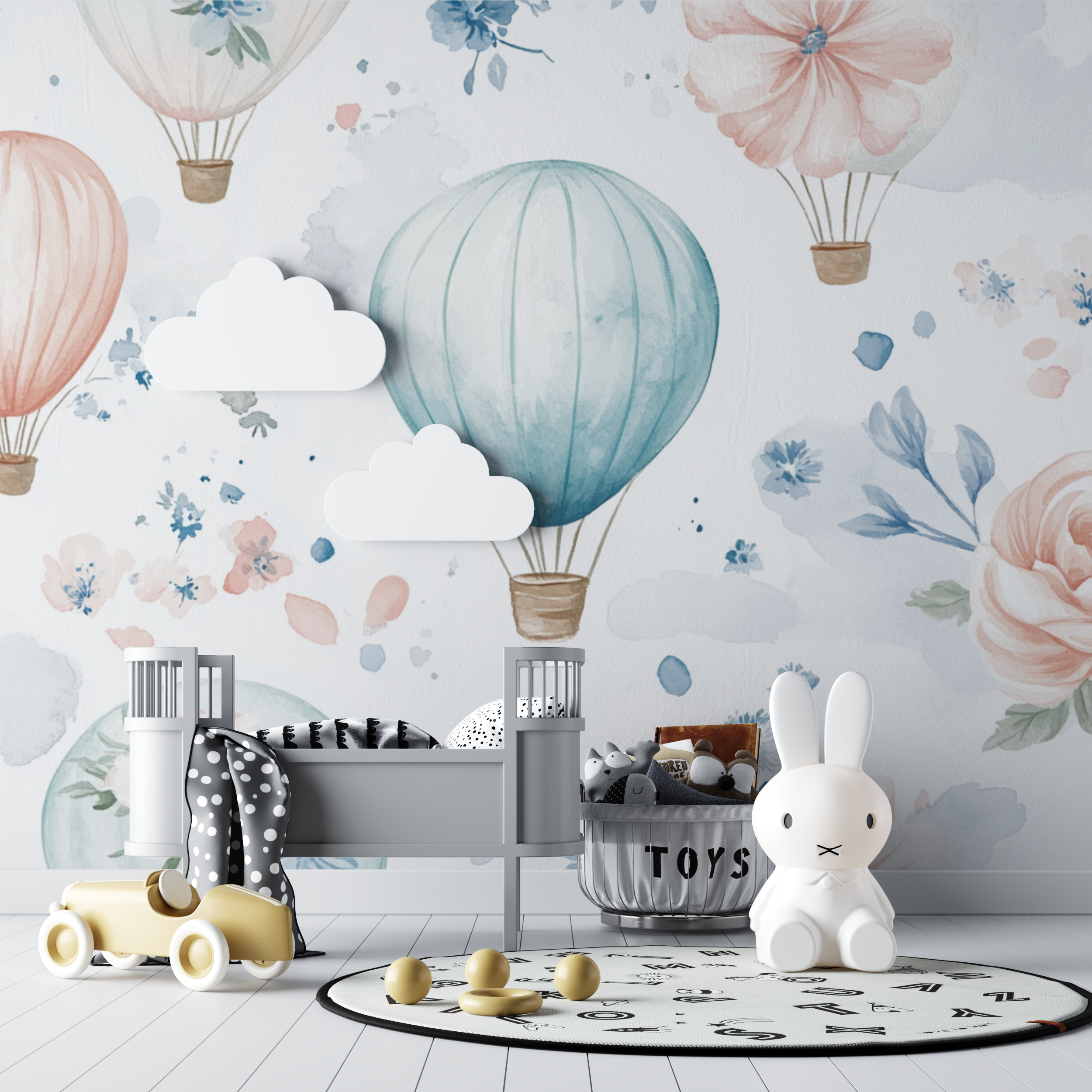 Papier peint montgolfiere et fleurs delicates bebe tipi