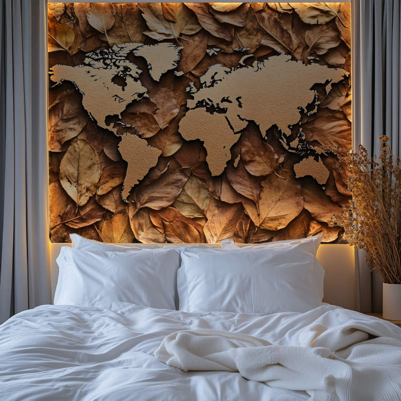 Papier peint carte du monde feuille bois chambre tendanc