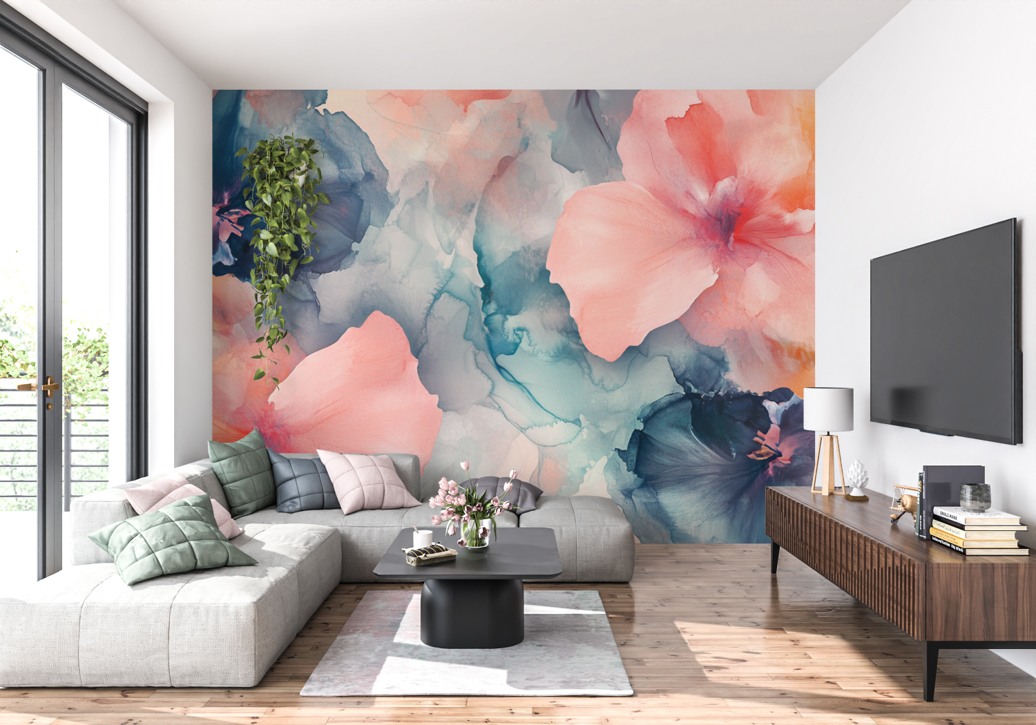 Papier peint aquarelle petales ... fluides panoramique 4murs