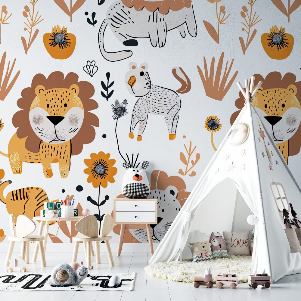 Papier peint lion et motifs nordiques chambre bebe