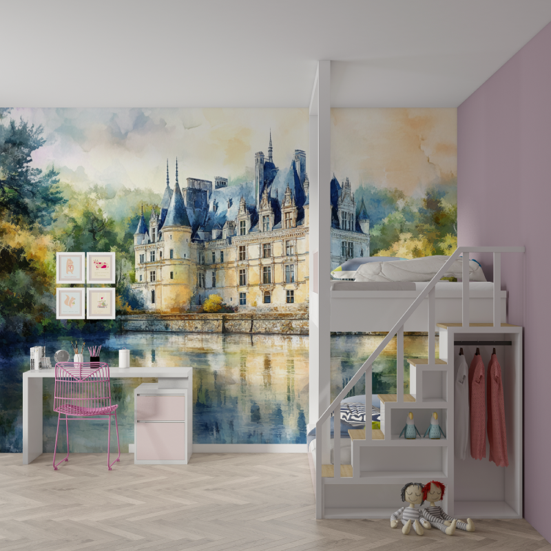 Papier peint chateau aquarelle mur chambre fille