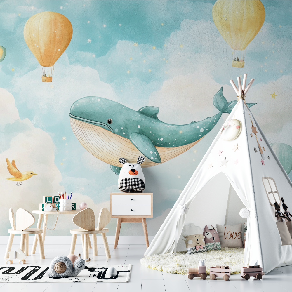 Papier peint bebe classique ciel et baleine chambre bebe