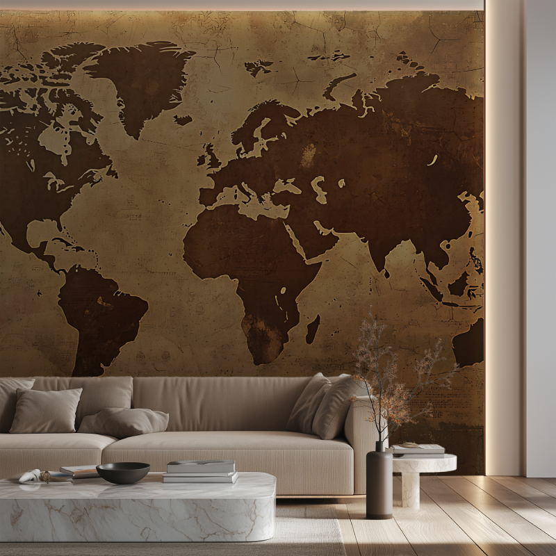 Papier peint carte du monde bronze canape neon