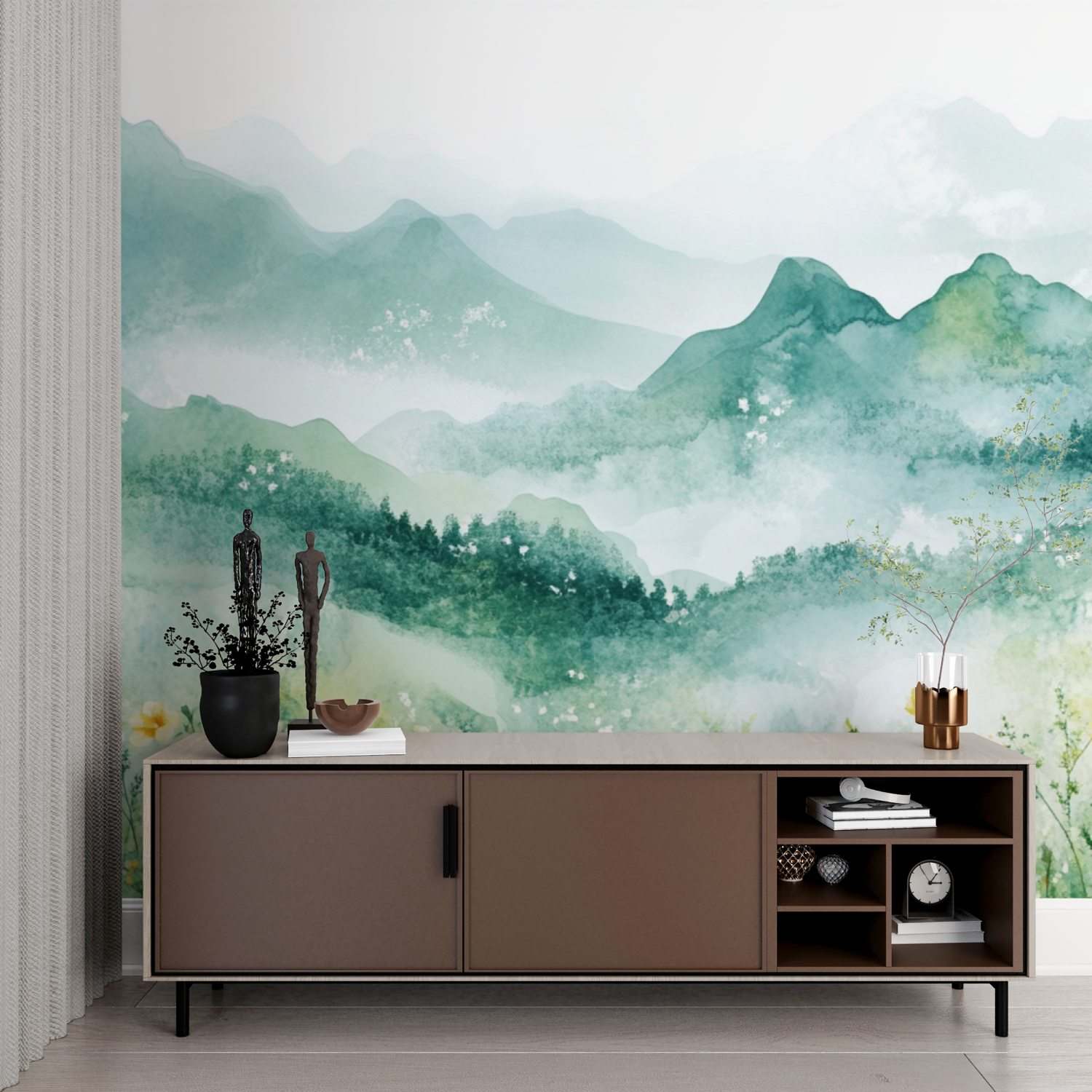 Papier peint aquarelle paysage floral avec collines imprime