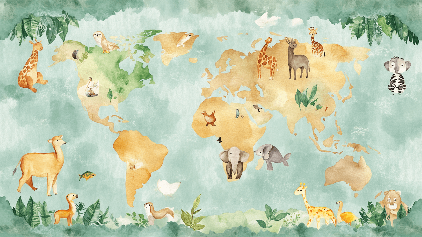 Papier Peint Carte Du Monde Terre Colorée Animaux