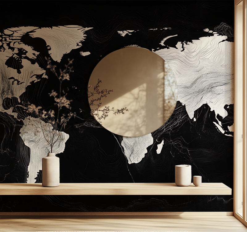 Papier peint carte du monde noir design miroir