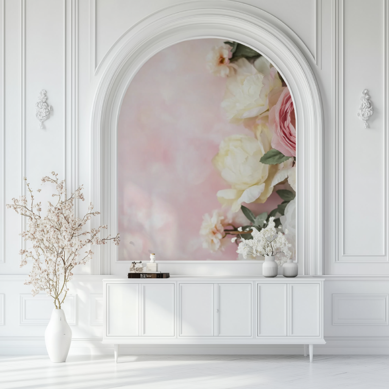 Papier peint vintage feuri salon blanc