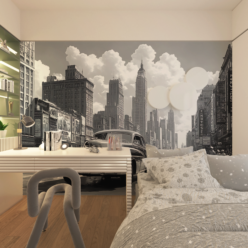 Papier peint noir et blanc retro voiture chambre adolescents