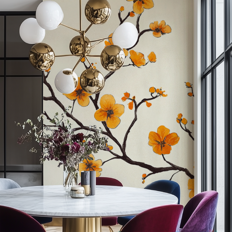 Papier peint vintage fleurs orange salon chaise