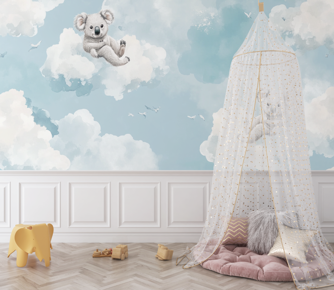 Papier peint koala et nuages ivoire bebe
