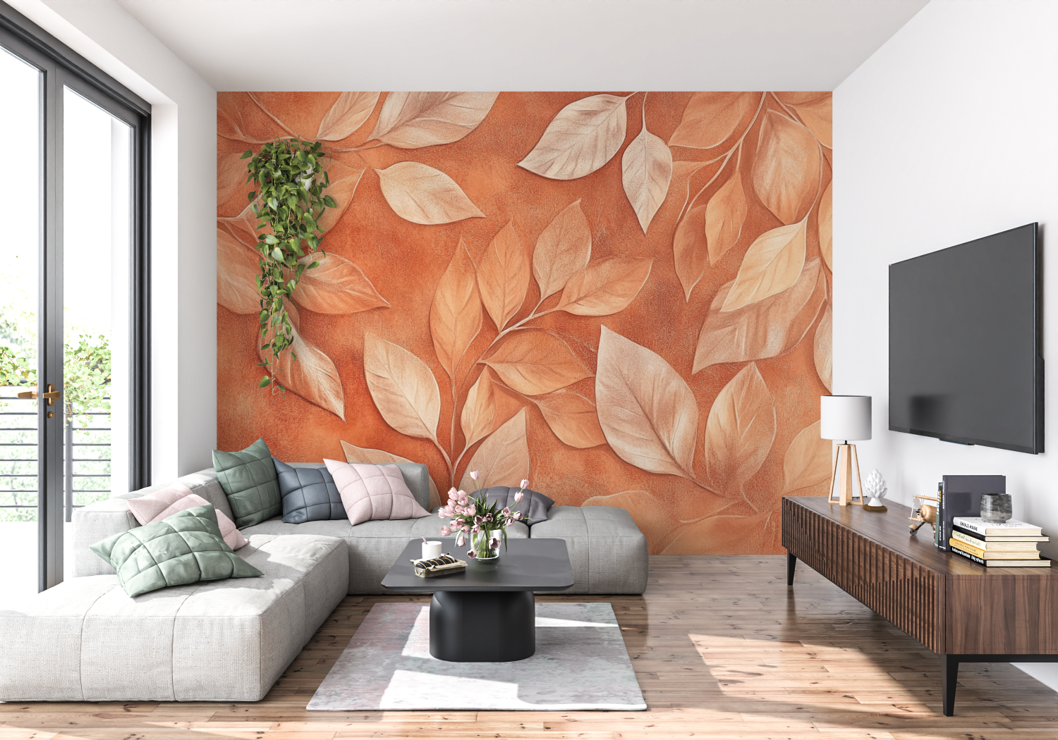 Papier peint terracotta et feuilles dorees panoramique 4murs
