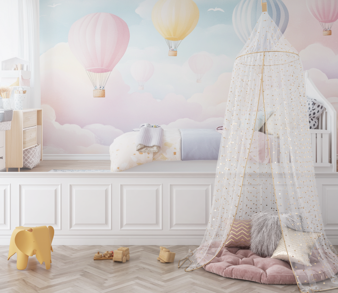 Papier peint montgolfiere et ciel de crepuscule bebe