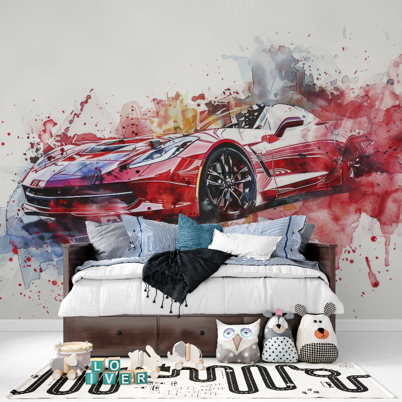 Papier peint voiture sport roug...uarelle panoramique garcon