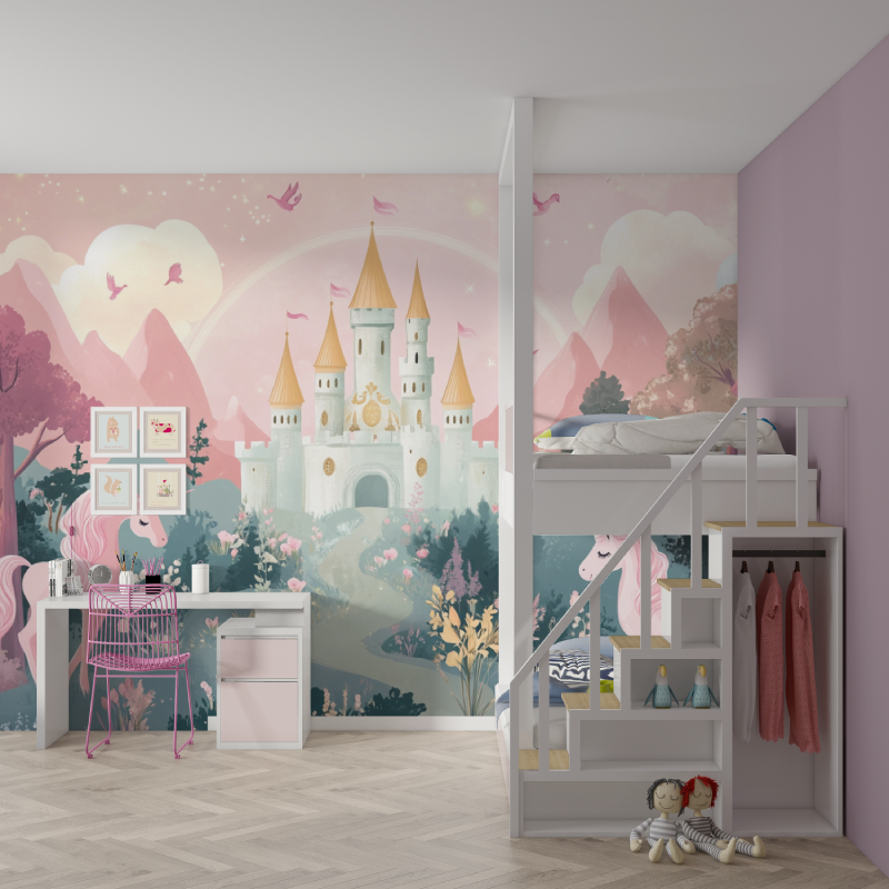 Papier peint licorne arc en ciel mur chambre fille
