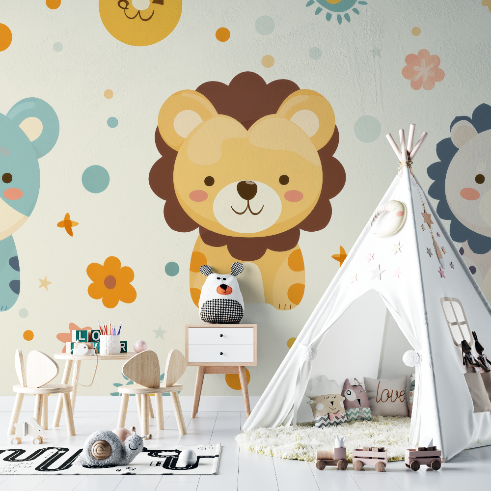 Papier peint lion et motifs abstraits chambre bebe