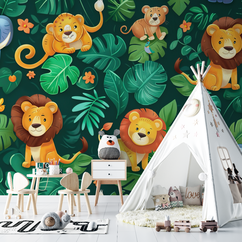 Papier peint lion dans la jungle chambre bebe
