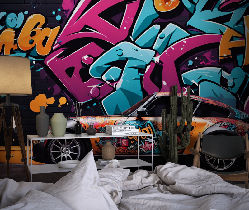 Papier peint graffiti voiture de luxe chambre dado1